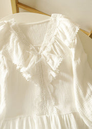 Art White Ruffled Patchwork Lace Cotton Women Pajamas Sets Spring