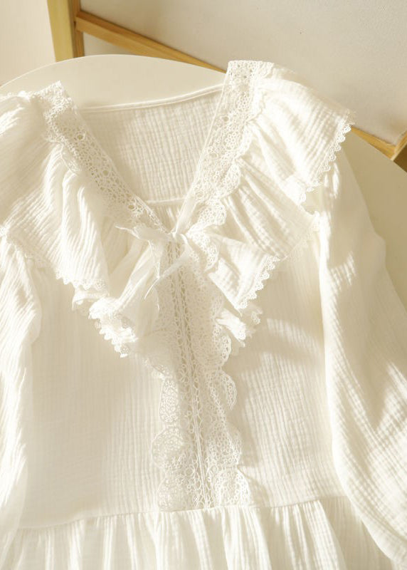 Art White Ruffled Patchwork Lace Cotton Women Pajamas Sets Spring