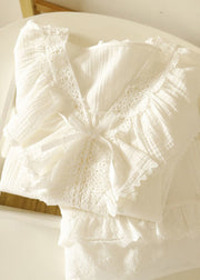 Art White Ruffled Patchwork Lace Cotton Women Pajamas Sets Spring