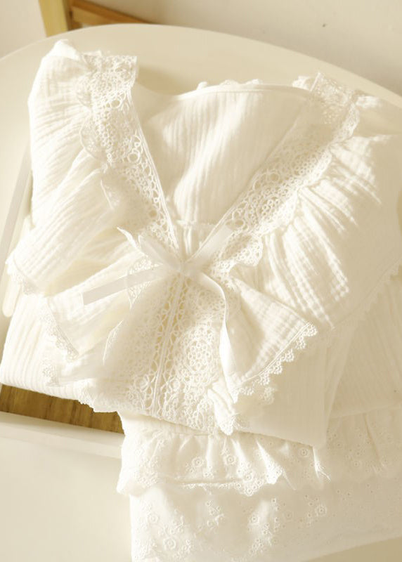 Art White Ruffled Patchwork Lace Cotton Women Pajamas Sets Spring