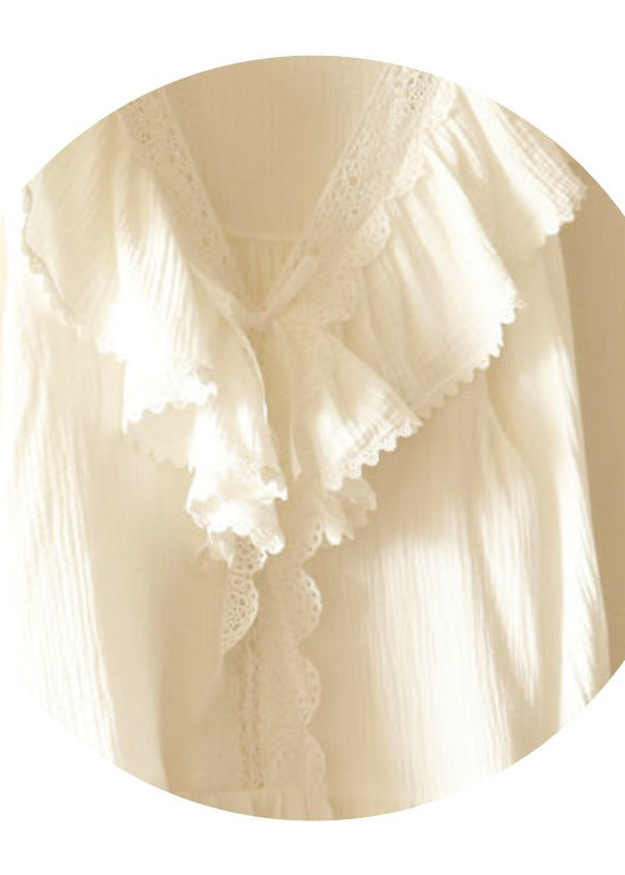 Art White Ruffled Patchwork Lace Cotton Women Pajamas Sets Spring