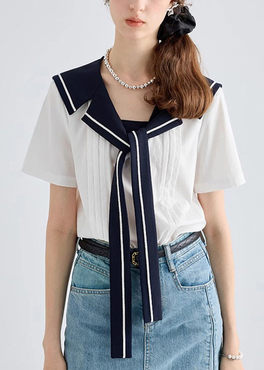 Art White Sailor Collar Lace Up Cotton Blouse Summer