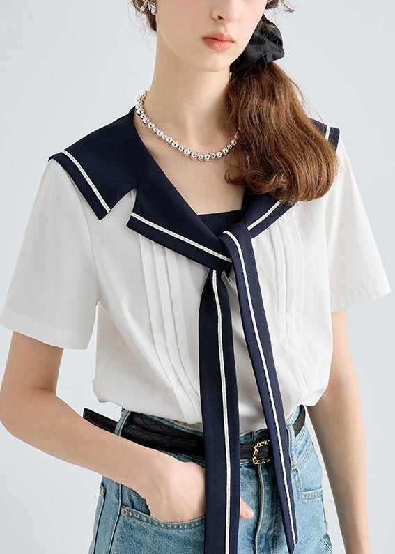 Art White Sailor Collar Lace Up Cotton Blouse Summer