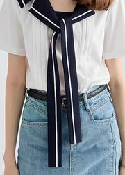 Art White Sailor Collar Lace Up Cotton Blouse Summer