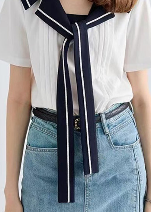 Art White Sailor Collar Lace Up Cotton Blouse Summer