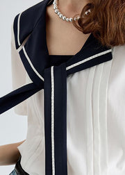 Art White Sailor Collar Lace Up Cotton Blouse Summer