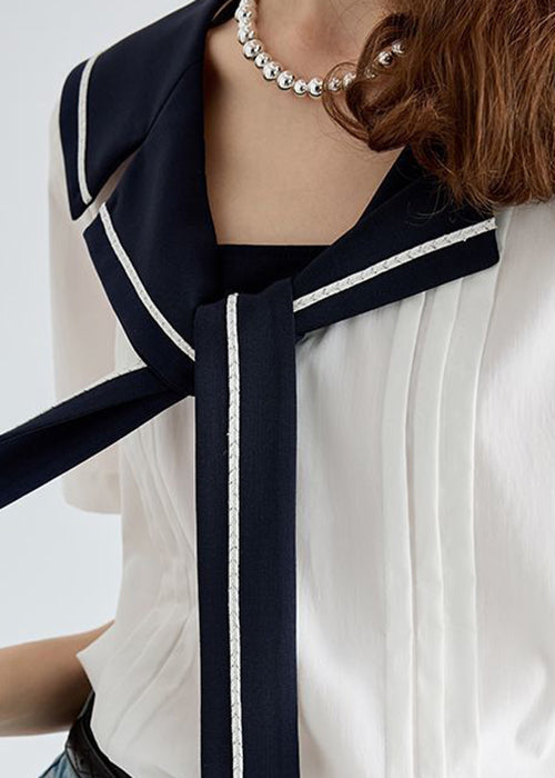Art White Sailor Collar Lace Up Cotton Blouse Summer