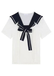 Art White Sailor Collar Lace Up Cotton Blouse Summer