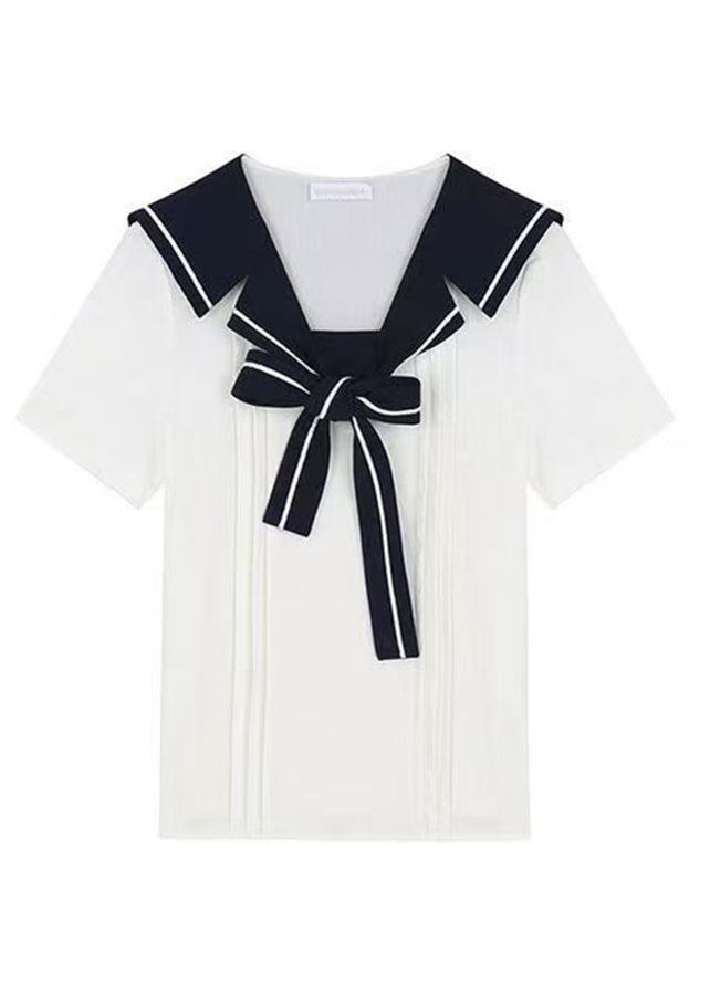Art White Sailor Collar Lace Up Cotton Blouse Summer