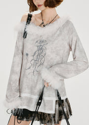 Art White Tie Dye Asymmetrical Patchwork Faux Fur One Shoulder Tops Spring