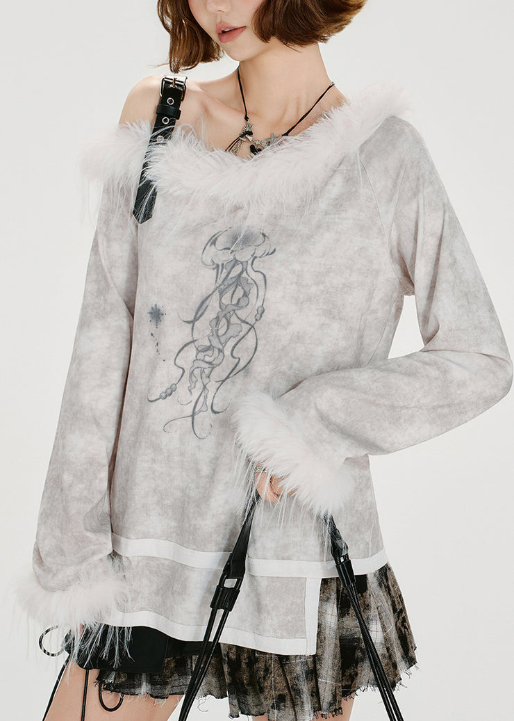 Art White Tie Dye Asymmetrical Patchwork Faux Fur One Shoulder Tops Spring