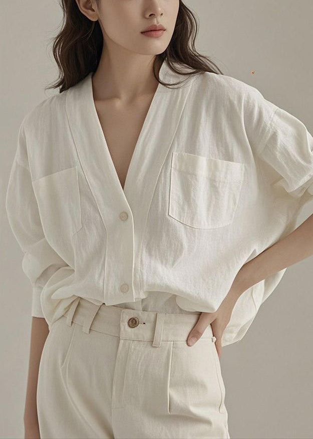 Art White V Neck Button Pockets Linen Shirt Fall
