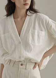 Art White V Neck Button Pockets Linen Shirt Fall