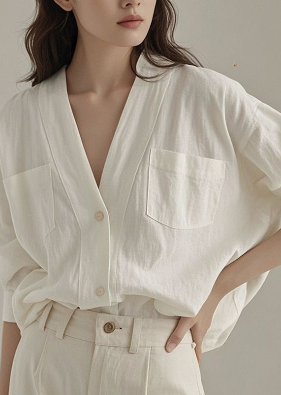 Art White V Neck Button Pockets Linen Shirt Fall
