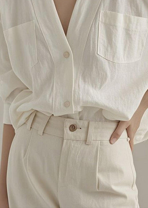 Art White V Neck Button Pockets Linen Shirt Fall