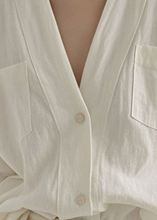 Art White V Neck Button Pockets Linen Shirt Fall