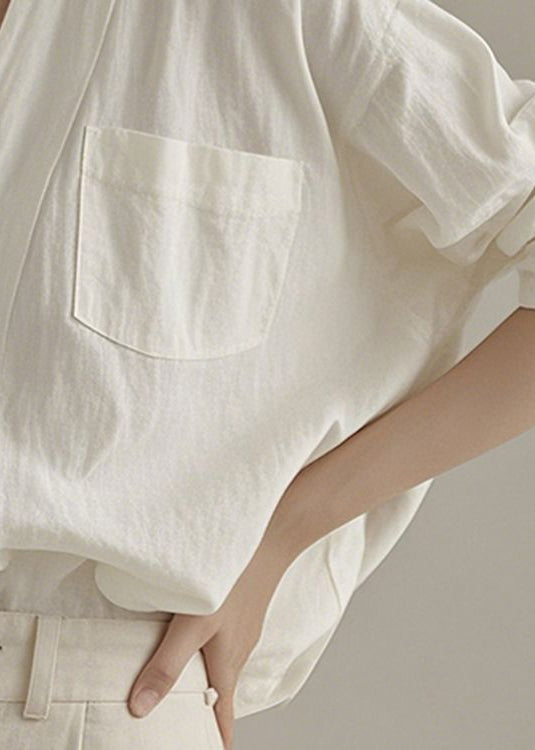 Art White V Neck Button Pockets Linen Shirt Fall