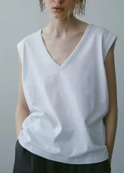 Art White V Neck Cotton Tops Sleeveless
