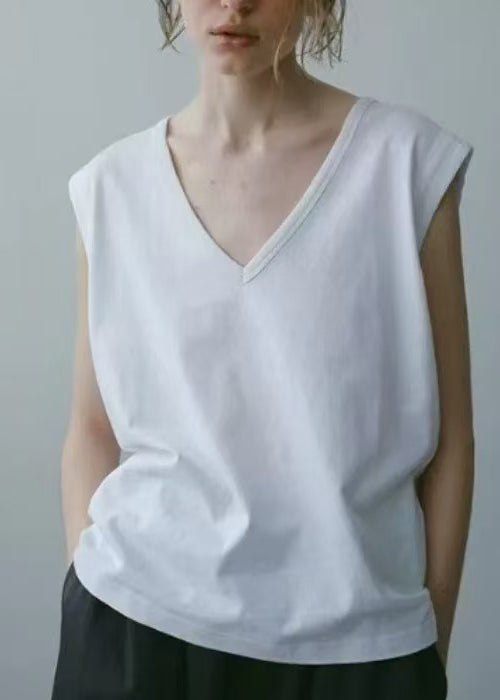 Art White V Neck Cotton Tops Sleeveless