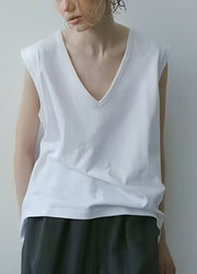 Art White V Neck Cotton Tops Sleeveless