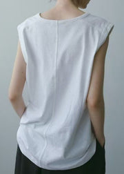 Art White V Neck Cotton Tops Sleeveless