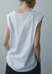 Art White V Neck Cotton Tops Sleeveless