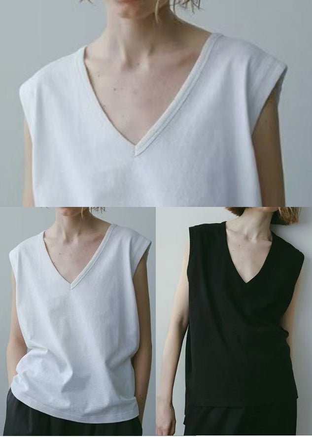 Art White V Neck Cotton Tops Sleeveless