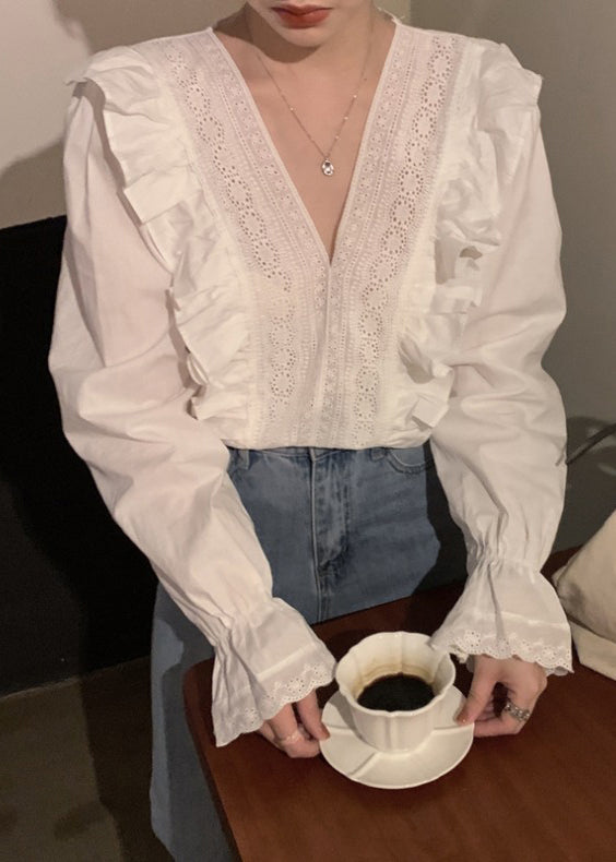 Art White V Neck Hollow Out Cotton Blouses Flare Sleeve