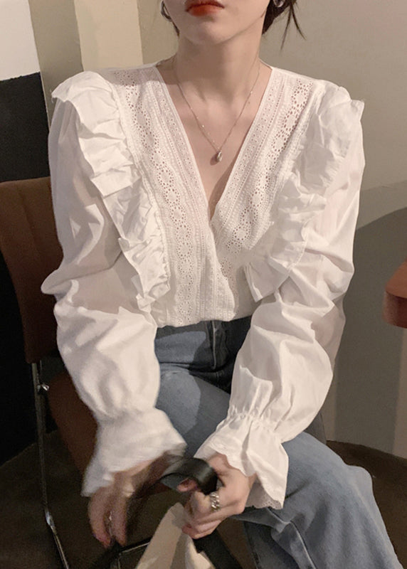 Art White V Neck Hollow Out Cotton Blouses Flare Sleeve
