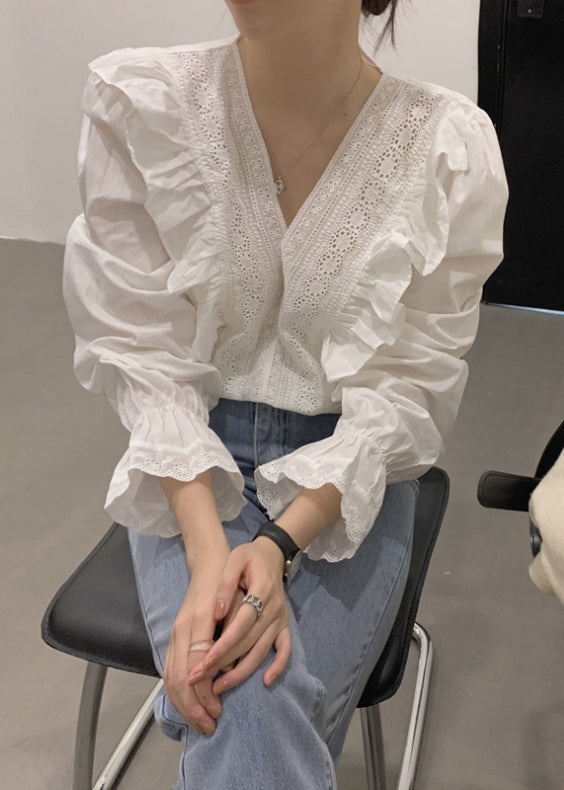 Art White V Neck Hollow Out Cotton Blouses Flare Sleeve