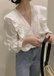 Art White V Neck Hollow Out Cotton Blouses Flare Sleeve
