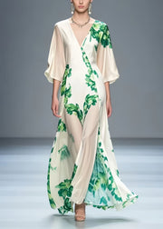 Art White V Neck Leaf Print Silk Party Dress Summer