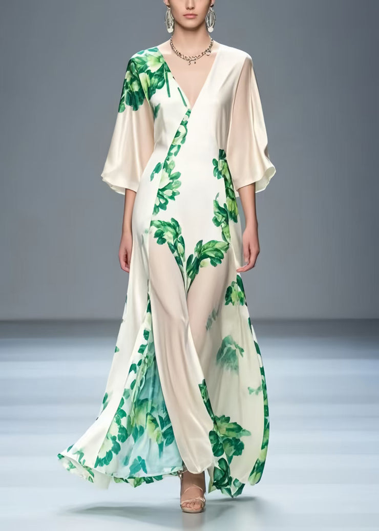 Art White V Neck Leaf Print Silk Party Dress Summer