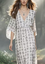 Art White V Neck Print Chiffon Holiday Dresses Summer