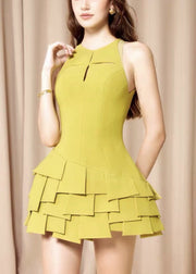 Art Yellow Asymmetrical Hollow Out Cotton Dress Sleeveless