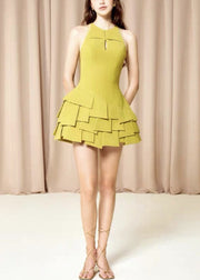 Art Yellow Asymmetrical Hollow Out Cotton Dress Sleeveless