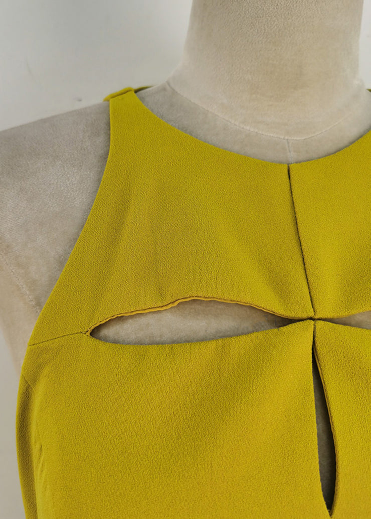 Art Yellow Asymmetrical Hollow Out Cotton Dress Sleeveless
