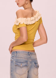 Art Yellow Cold Shoulder Ruffled Cotton T Shirt Summer