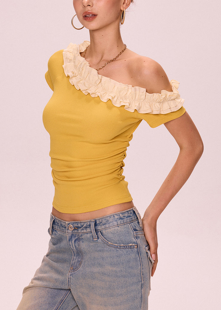 Art Yellow Cold Shoulder Ruffled Cotton T Shirt Summer