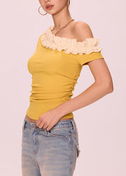 Art Yellow Cold Shoulder Ruffled Cotton T Shirt Summer