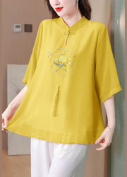 Art Yellow Embroidered Chinese Button Silk Top Half Sleeve