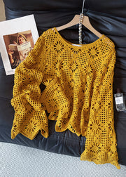 Art Yellow Hollow Out Cozy Knit Sweater Flare Sleeve
