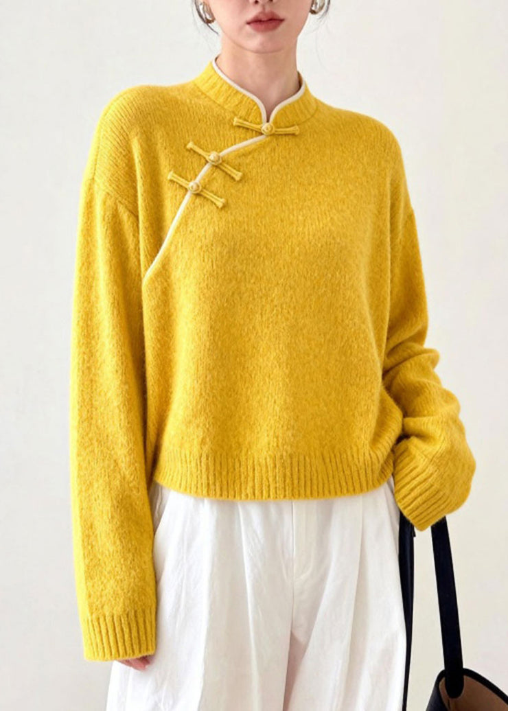 Art Yellow Mandarin Collar Chinese Button Knitted Tops Winter