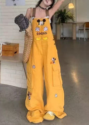 Art Yellow Mickey Embroidered Cotton Loose Overalls Jumpsuit Fall