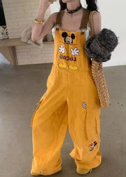 Art Yellow Mickey Embroidered Cotton Loose Overalls Jumpsuit Fall