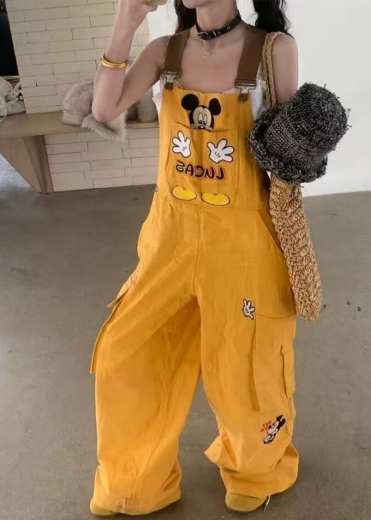 Art Yellow Mickey Embroidered Cotton Loose Overalls Jumpsuit Fall