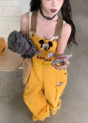 Art Yellow Mickey Embroidered Cotton Loose Overalls Jumpsuit Fall