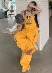 Art Yellow Mickey Embroidered Cotton Loose Overalls Jumpsuit Fall