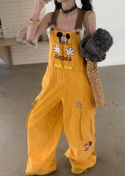 Art Yellow Mickey Embroidered Cotton Loose Overalls Jumpsuit Fall