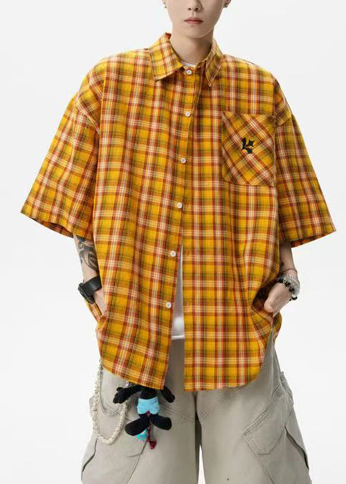 Art Yellow Plaid Button Oversized Cotton Mens Shirts Summer